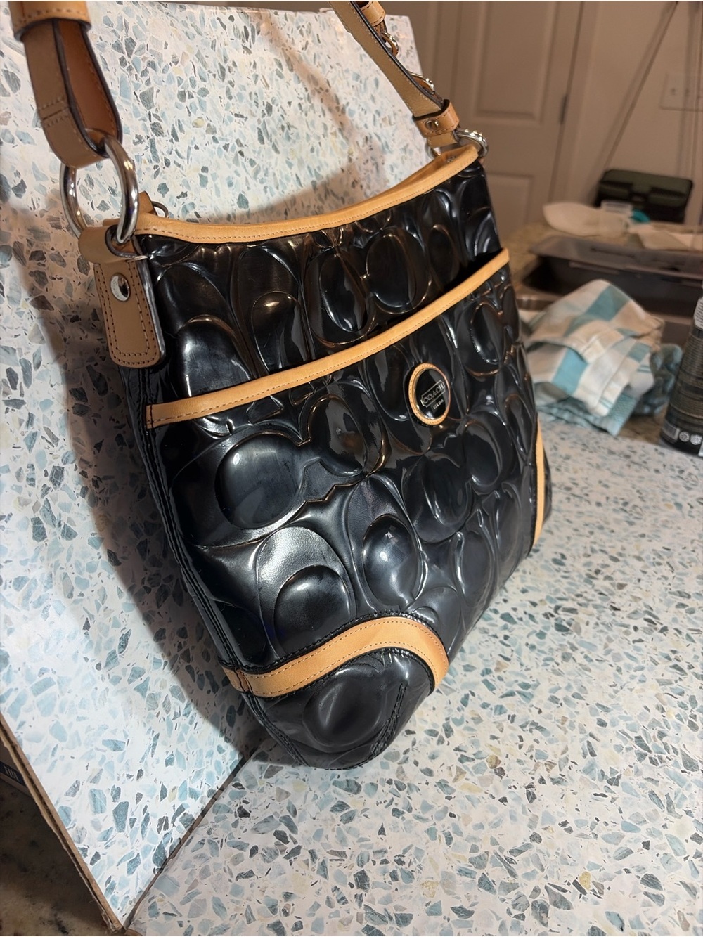 Coach Peyton F20022 Black Embossed Patent Leather Convertible Hobo Bag - Picture 4 of 8